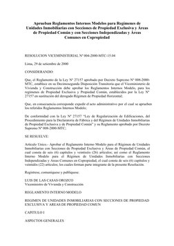 Aprueban Reglamentos Internos Modelos para Regímenes de
Unidades Inmobiliarias con Secciones de Propiedad Exclusiva y Áreas
d