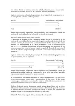 otro criterio distinto al anterior, como área techada, ubicación, usos a los que están
destinadas las secciones exclusivas, e