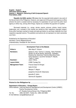 English – Grade 8 
Alternative Delivery Mode 
Quarter 4 – Module 6: Delivering A Self-Composed Speech 
First Edition, 202