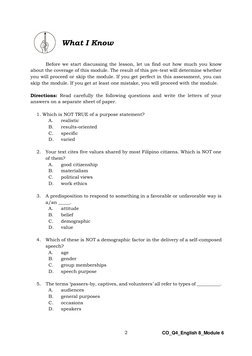 2 
 
CO_Q4_English 8_Module 6 
 
What I Know 
 
 
 
Before we start discussing the lesson, let us find out how much you kno