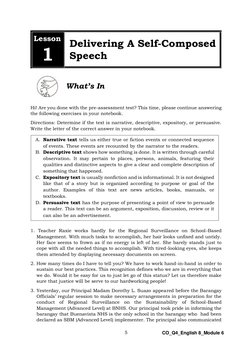 5 
 
CO_Q4_English 8_Module 6 
Lesson 
1 
Delivering A Self-Composed 
Speech  
 
 
 
Hi! Are you done with the pre-assessme