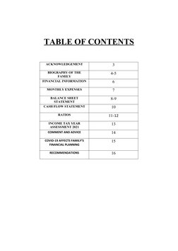 TABLE OF CONTENTS
ACKNOWLEDGEMENT
3
BIOGRAPHY OF THE
FAMILY
4-5
FINANCIAL INFORMATION
6
MONTHLY EXPENSES
7
BALANCE SHEET
STAT