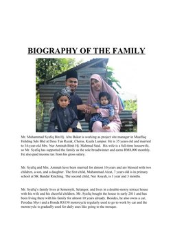BIOGRAPHY OF THE FAMILY
Mr. Muhammad Syafiq Bin Hj. Abu Bakar is working as project site manager in Muaffaq 
Holding Sdn Bhd