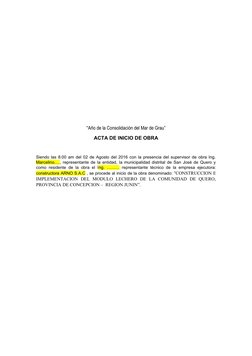 “Año de la Consolidación del Mar de Grau”
ACTA DE INICIO DE OBRA
Siendo las 8:00 am del 02 de Agosto del 2016 con la presenci