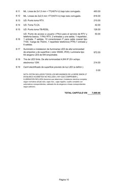 Página 10
8.11
ML. Linea de 2x1,5 mm + TT(H07V-U) bajo tubo corrugado.
493.00
8.12
ML. Lineas de 2x2,5 mm +TT(H07V-U) bajo tu