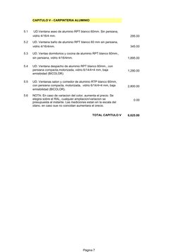 Página 7
CAPITULO V - CARPINTERIA ALUMINIO
5.1
295.00
5.2
345.00
5.3
1,895.00
5.4
1,290.00
5.5
2,800.00
5.6
0.00
TOTAL CAPITU