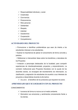 Responsabilidad individual y  social.
Creatividad.
Convivencia.
Perseverancia.
Reto personal.
Solidaridad
Respeto.
Li