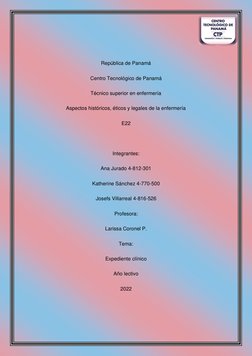 República de Panamá 
Centro Tecnológico de Panamá 
Técnico superior en enfermería  
Aspectos históricos, éticos y leg