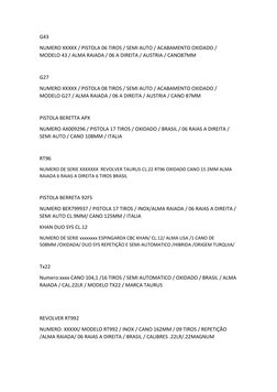 G43
NUMERO XXXXX / PISTOLA 06 TIROS / SEMI AUTO / ACABAMENTO OXIDADO / 
MODELO 43 / ALMA RAIADA / 06 A DIREITA / AUSTRIA / CA