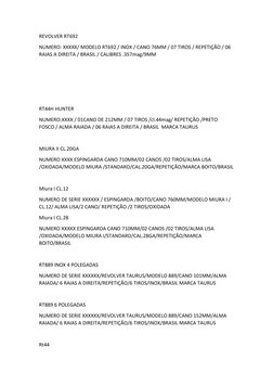 REVOLVER RT692
NUMERO: XXXXX/ MODELO RT692 / INOX / CANO 76MM / 07 TIROS / REPETIÇÃO / 06 
RAIAS A DIREITA / BRASIL / CALIBRE