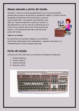 Manejo adecuado y partes del teclado.
Aprender a utilizar el teclado apropiadamente es una tarea que demanda 
perseverancia p