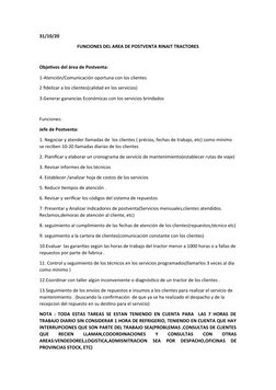 31/10/20
FUNCIONES DEL AREA DE POSTVENTA RINAIT TRACTORES
Objetivos del área de Postventa:
1-Atención/Comunicación oportuna c