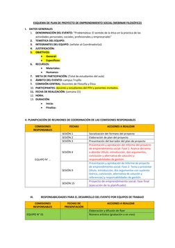 ESQUEMA DE PLAN DE PROYECTO DE EMPRENDIMIENTO SOCIAL (WEBINAR FILOSÓFICO) 
I. DATOS GENERALES  
1. DENOMINACIÓN DEL EVENTO: “