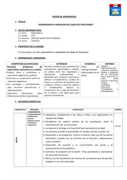 SESIÓN DE APRENDIZAJE
1. TÍTULO
 
 :
“APRENDEMOS A REPRESENTAR CLASES DE FRACCIONES”
2. DATOS INFORMATIVOS:
 
 
2.1. Área
: M