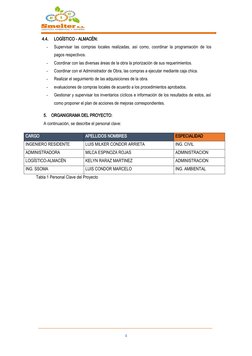 4.4.
LOGÍSTICO - ALMACÉN:
-
Supervisar las compras locales realizadas, así como, coordinar la programación de los
pagos respe