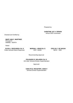 Prepared by:
Checked and Verified by:
MARY ANN C. MARTINEZ
Principal III
PMRMS - NORTH
Noted:
CHRISTINE JOY V. PERION