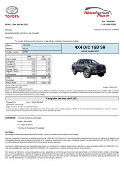 PIURA, 18 de abril de 2022
2113-2022-07220
Nro. Cotización
Señores
MUNICIPALIDAD DISTRITAL DE CHARAT
Impresión: 18/04/2022 08