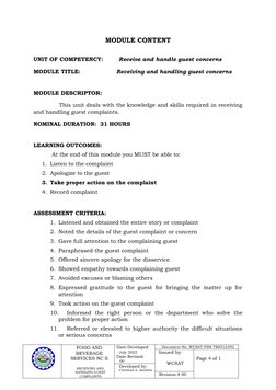MODULE CONTENT
UNIT OF COMPETENCY: 
Receive and handle guest concerns
MODULE TITLE:                   Receiving and handling
