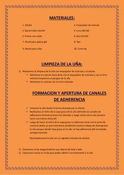 MATERIALES: 
1. Alicate 
 
 
 
 
 
2. Empujador de cutícula 
 
3. Bactericida/ alcohol 
 
 
 
4. Lima 100/180 
 
5. Primer co