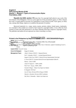 Development Team of the
Module
Writer: Merrey Joy Bacaoco
Editors: Melina B. Lopez and Venus Saguindan
Reviewer: Ma. Petra A.