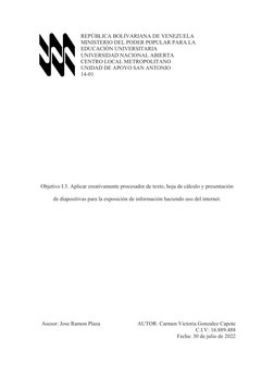 REPÚBLICA BOLIVARIANA DE VENEZUELA
MINISTERIO DEL PODER POPULAR PARA LA 
EDUCACIÓN UNIVERSITARIA
UNIVERSIDAD NACIONAL ABIERTA