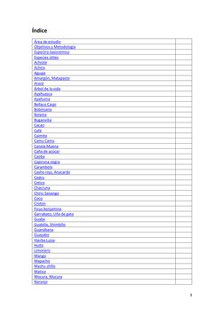 3 
 
Índice 
Área de estudio 
 
Objetivos y Metodología 
 
Espectro taxonómico 
 
Especies útiles 
 
Achiote 
 
Achira 
 
A