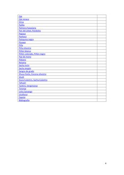 4 
 
Ojé 
 
Ojé renaco 
 
Oriza 
 
Palillo 
 
Palmera hawaiana 
 
Pan del árbol, Pandisho 
 
Papaya 
 
Pashaco 
 
Patiquina