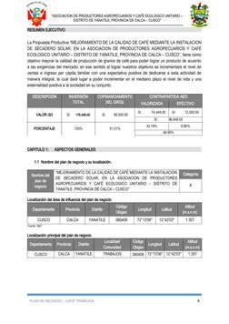 “ASOCIACION DE PRODUCTORES AGROPECUARIOS Y CAFÉ ECOLOGICO UNITARIO –
DISTRITO DE YANATILE, PROVINCIA DE CALCA – CUSCO”
RESUME