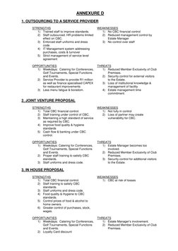 ANNEXURE D 
 
1. OUTSOURCING TO A SERVICE PROVIDER 
 
STRENGTHS 
WEAKNESSES 
1) Trained staff to improve standards. 
2) Staff