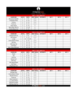 HYBRID - FULL BODY - WEEK 2
DAY 1 - FULL BODY #1
EXERCISE
SETS
REPS
REST (Mins)
INTENSITY
SET 1
SET 2
SET 3
Romanian Deadlift