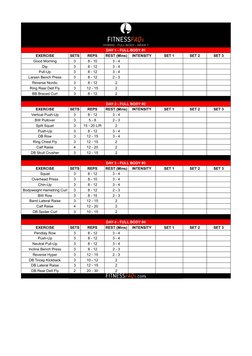 HYBRID - FULL BODY - WEEK 7
DAY 1 - FULL BODY #1
EXERCISE
SETS
REPS
REST (Mins)
INTENSITY
SET 1
SET 2
SET 3
Good Morning
3
8