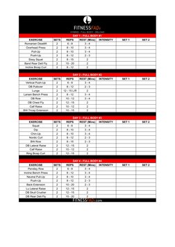 HYBRID - FULL BODY - DELOAD
DAY 1 - FULL BODY #1
EXERCISE
SETS
REPS
REST (Mins)
INTENSITY
SET 1
SET 2
Romanian Deadlift
2
6 -