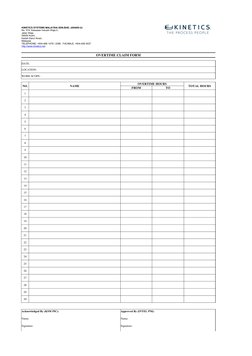 OVERTIME CLAIM FORM
DATE: 
LOCATION: 
WORK SCOPE: 
NO.
NAME
OVERTIME HOURS
TOTAL HOURS
FROM
TO
1
2
3
4
5
6
7
8
9
10
11
12
13
