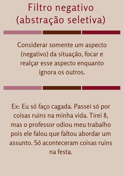 Filtro negativo
(abstração seletiva)
Considerar somente um aspecto
(negativo) da situação, focar e
realçar esse aspecto enqua