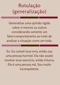 Rotulação
(generalização)
Generalizar uma opinião rígida
sobre si mesmo ou outros
considerando somente um
fator/comportamento