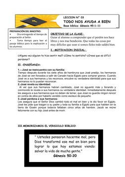 OBJETIVO DE LA CLASE: 
Guiar al alumno a comprender que el perdón nos hace 
libres y nos trae bendición. Que todas las cosas