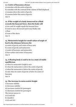 Top Fluid Mechanics MCQs with Answers | PDF | Buoyancy | Reynolds Number