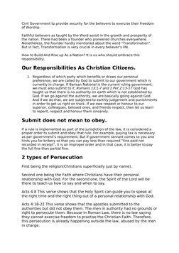 Civil Government to provide security for the believers to exercise their freedom 
of Worship. 
Faithful believers as taught b
