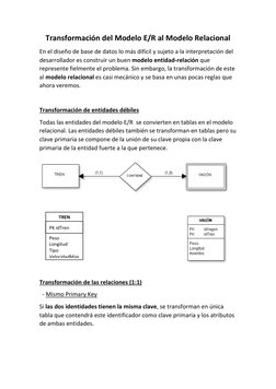 Transformación del Modelo E/R al Modelo Relacional 
En el diseño de base de datos lo más difícil y sujeto a la interpretación