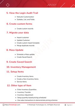 Create custom records
Netsuite Customization
Subtabs, List, and Fields
Schedule a Mass update
Create Saved Search
Create Inve