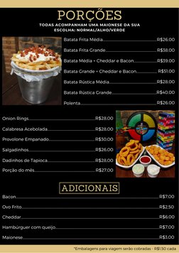ADICIONAIS
PORÇÕES
TODAS ACOMPANHAM UMA MAIONESE DA SUA
ESCOLHA: NORMAL/ALHO/VERDE
Batata Frita Média........................