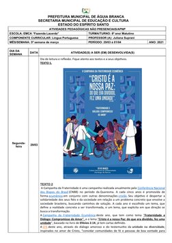 PREFEITURA MUNICIPAL DE ÁGUIA BRANCA
SECRETARIA MUNICIPAL DE EDUCAÇÃO E CULTURA
ESTADO DO ESPÍRITO SANTO
ATIVIDADES PEDAGÓGIC