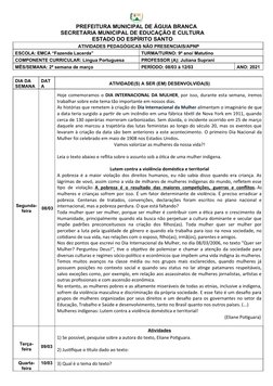 PREFEITURA MUNICIPAL DE ÁGUIA BRANCA
SECRETARIA MUNICIPAL DE EDUCAÇÃO E CULTURA
ESTADO DO ESPÍRITO SANTO
ATIVIDADES PEDAGÓGIC