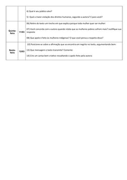4) Qual é seu público alvo?
5)  Qual a maior violação dos direitos humanos, segundo a autora? E para você?
Quinta-
feira
11/0