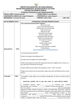 PREFEITURA MUNICIPAL DE ÁGUIA BRANCA
SECRETARIA MUNICIPAL DE EDUCAÇÃO E CULTURA
ESTADO DO ESPÍRITO SANTO
ATIVIDADES PEDAGÓGIC