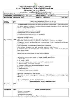PREFEITURA MUNICIPAL DE ÁGUIA BRANCA
SECRETARIA MUNICIPAL DE EDUCAÇÃO E CULTURA
ESTADO DO ESPÍRITO SANTO
ATIVIDADES PEDAGÓGIC