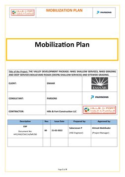 MOBILIZATION PLAN
Title of the Project: THE VALLEY DEVELOPMENT PACKAGE: NH01 SHALLOW SERVICES, NH03 GRADING
AND DEEP SERVICES