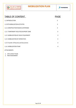 MOBILIZATION PLAN
TABLE OF CONTENT                                                     PAGE
1.1 INTRODUCTION