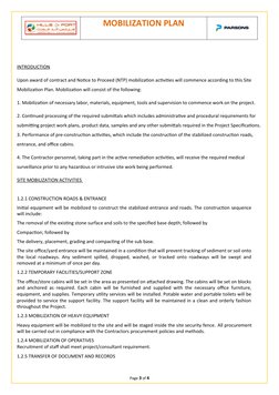 MOBILIZATION PLAN
INTRODUCTION
Upon award of contract and Notice to Proceed (NTP) mobilization activities will commence accor