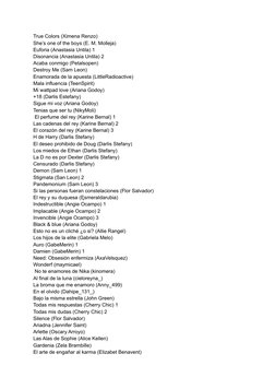 True Colors (Ximena Renzo)
She’s one of the boys (E. M. Molleja)
Euforia (Anastasia Untila) 1
Disonancia (Anastasia Untila) 2